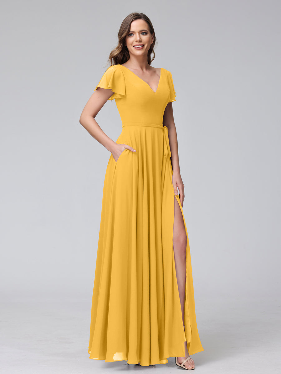 Vestidos Longos de Chiffon com Decote Em V e Mangas Curtas com Babados e Laterais Divididas e Bolsos