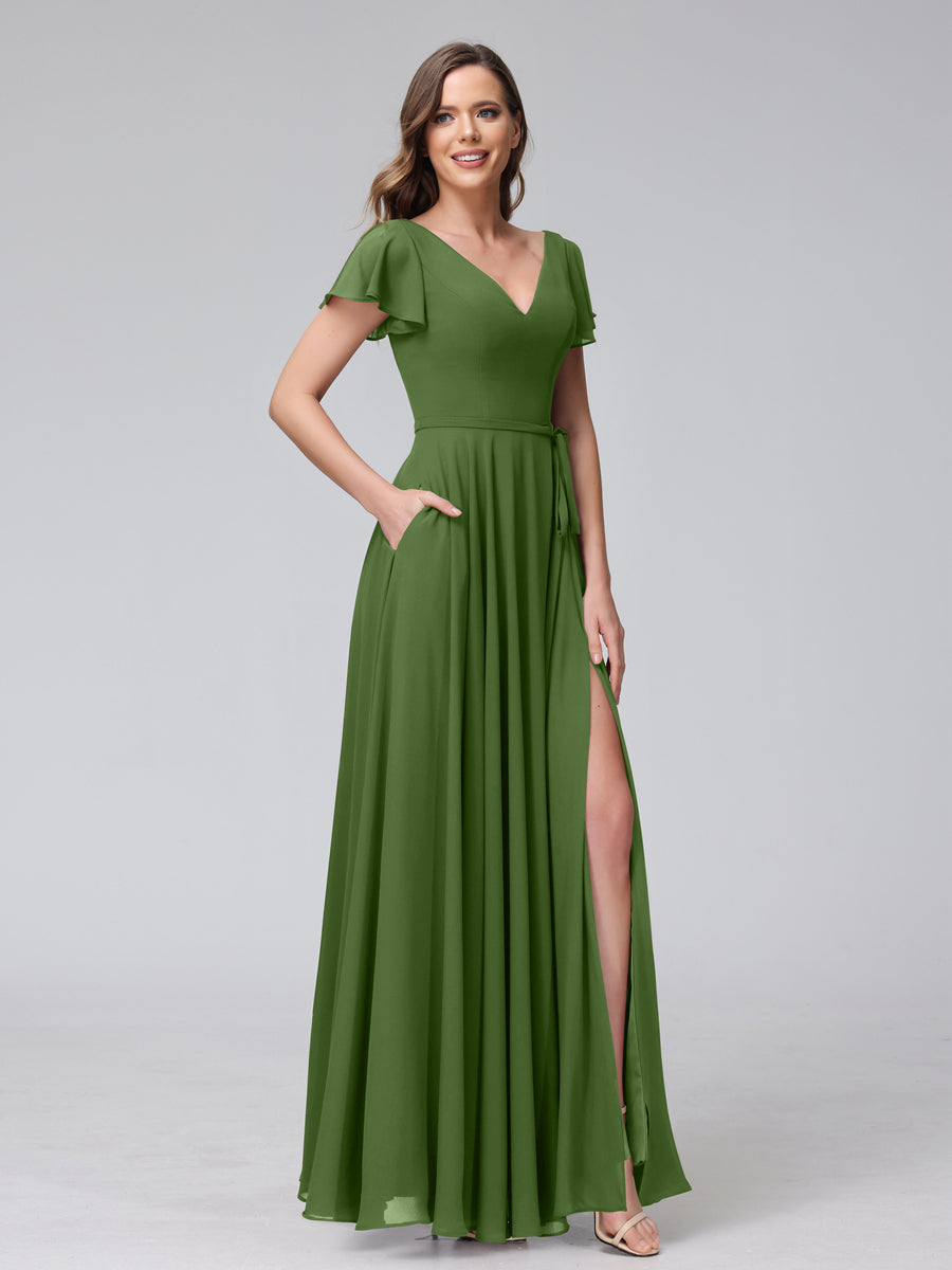 Vestidos Longos de Chiffon com Decote Em V e Mangas Curtas com Babados e Laterais Divididas e Bolsos