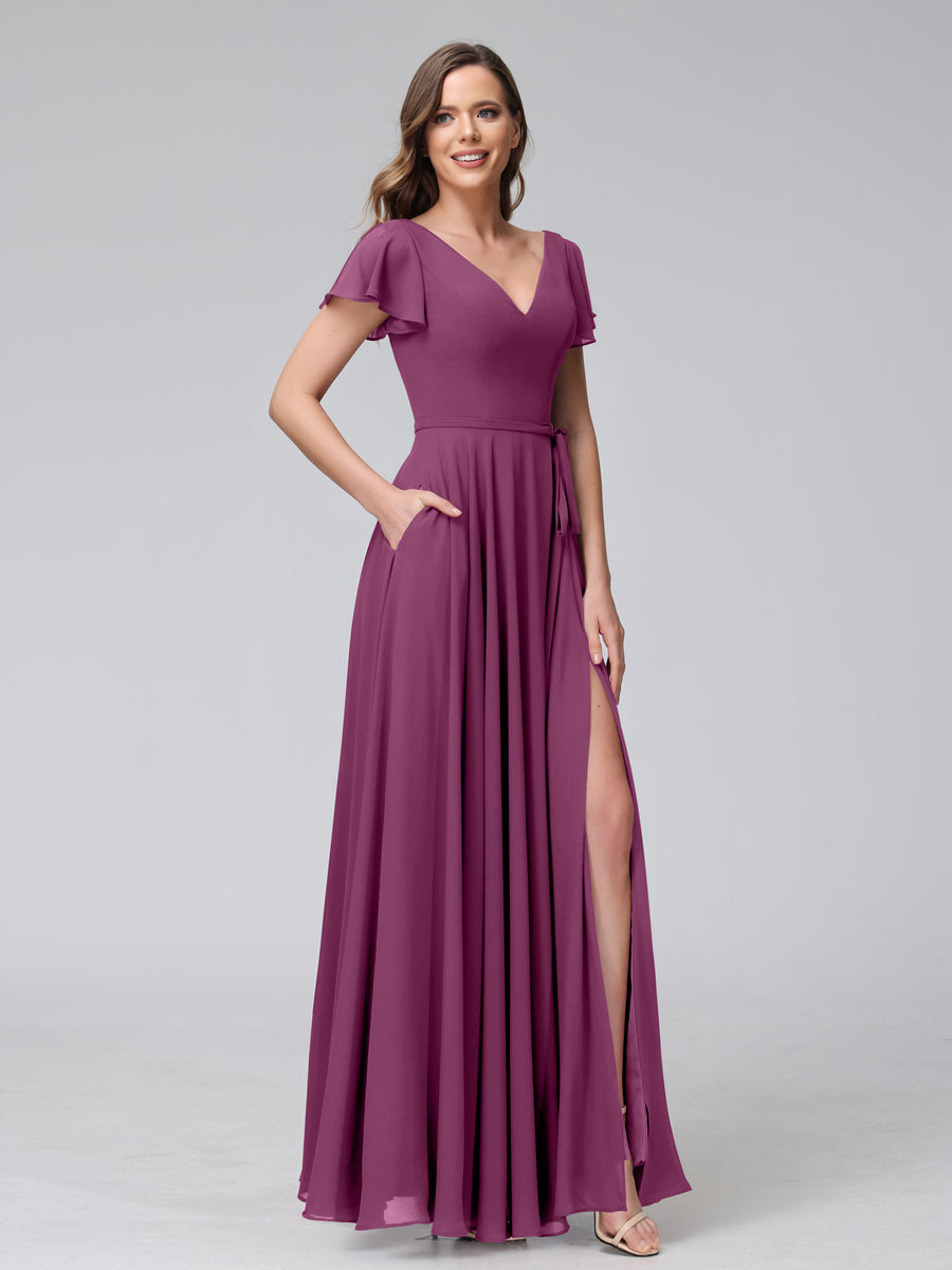 Vestidos Longos de Chiffon com Decote Em V e Mangas Curtas com Babados e Laterais Divididas e Bolsos