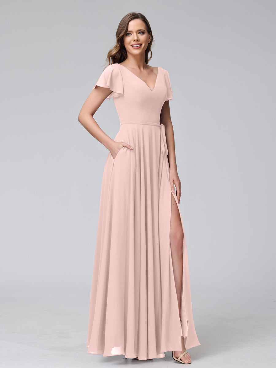 Vestidos Longos de Chiffon com Decote Em V e Mangas Curtas com Babados e Laterais Divididas e Bolsos