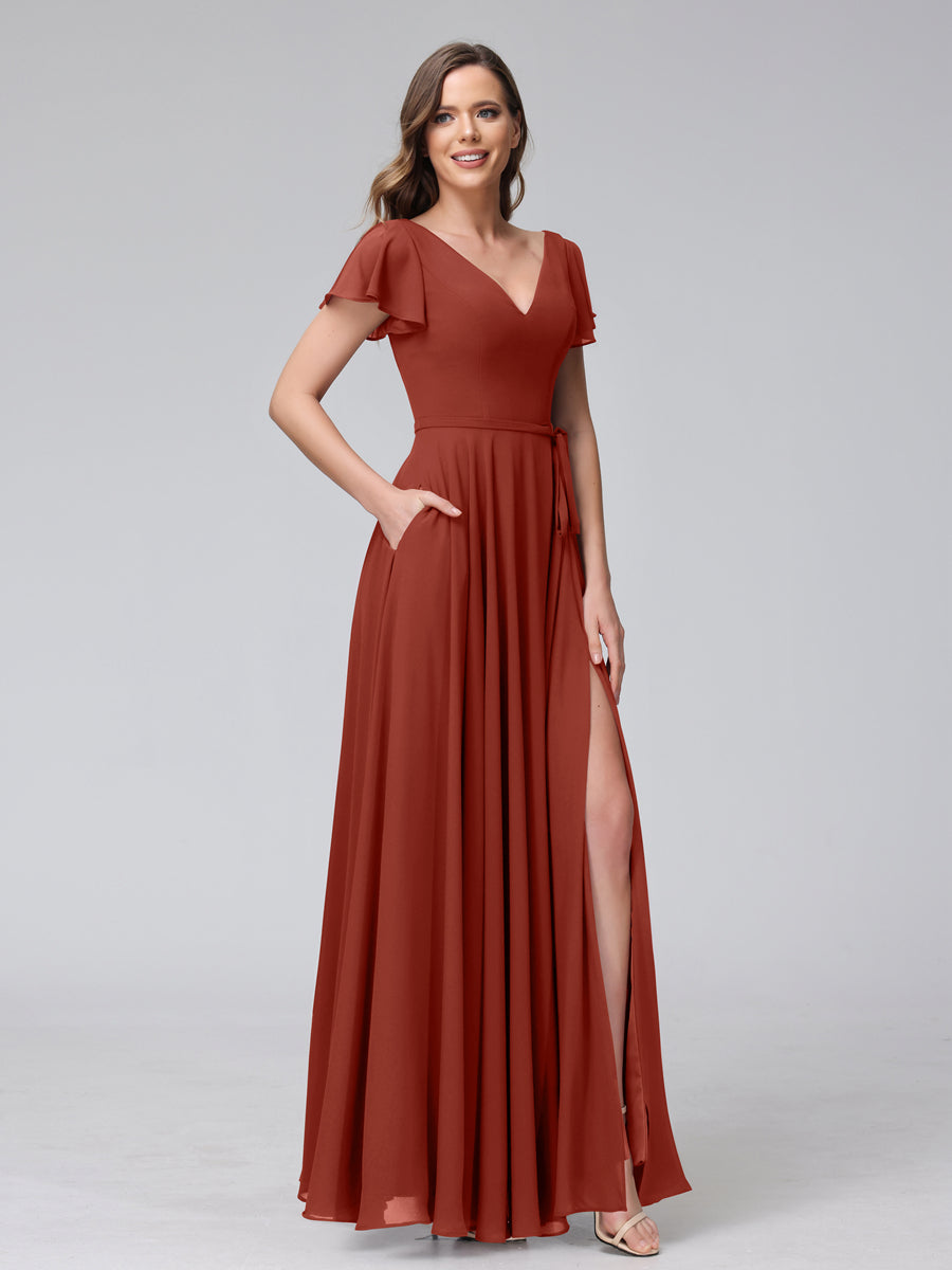Vestidos Longos de Chiffon com Decote Em V e Mangas Curtas com Babados e Laterais Divididas e Bolsos