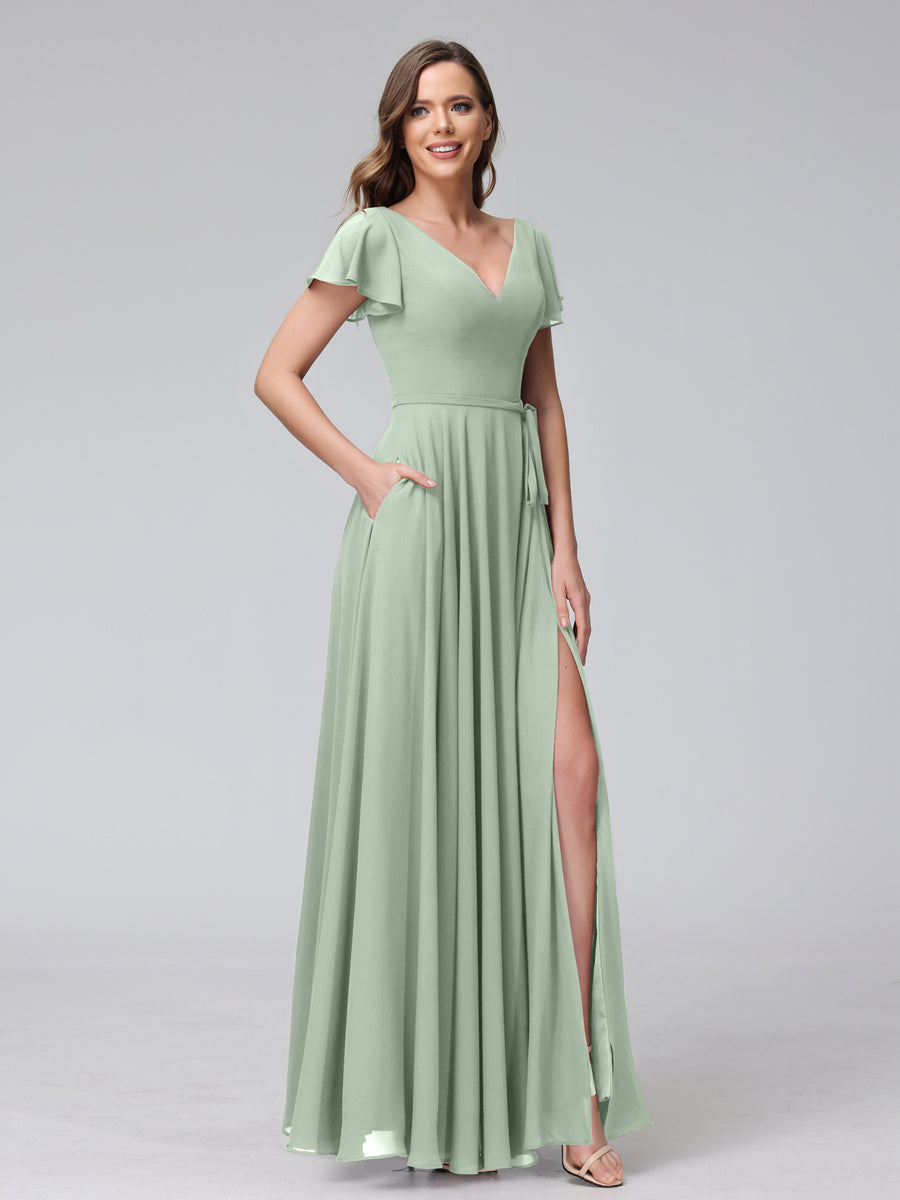 Vestidos Longos de Chiffon com Decote Em V e Mangas Curtas com Babados e Laterais Divididas e Bolsos