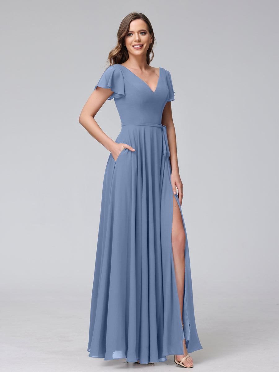 Vestidos Longos de Chiffon com Decote Em V e Mangas Curtas com Babados e Laterais Divididas e Bolsos