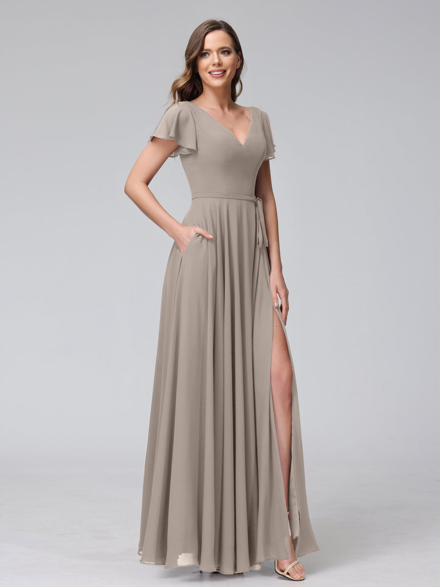 Vestidos Longos de Chiffon com Decote Em V e Mangas Curtas com Babados e Laterais Divididas e Bolsos