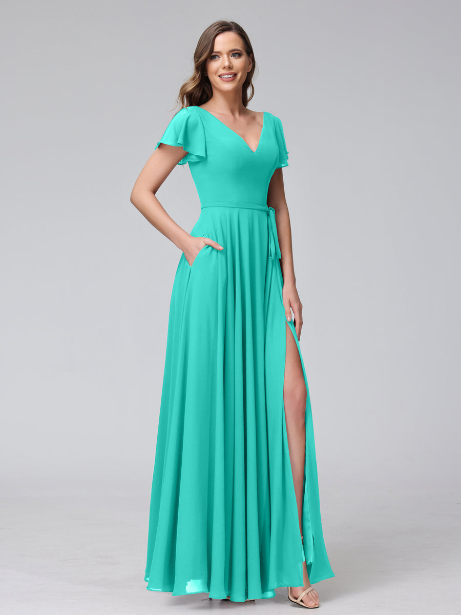 Vestidos Longos de Chiffon com Decote Em V e Mangas Curtas com Babados e Laterais Divididas e Bolsos