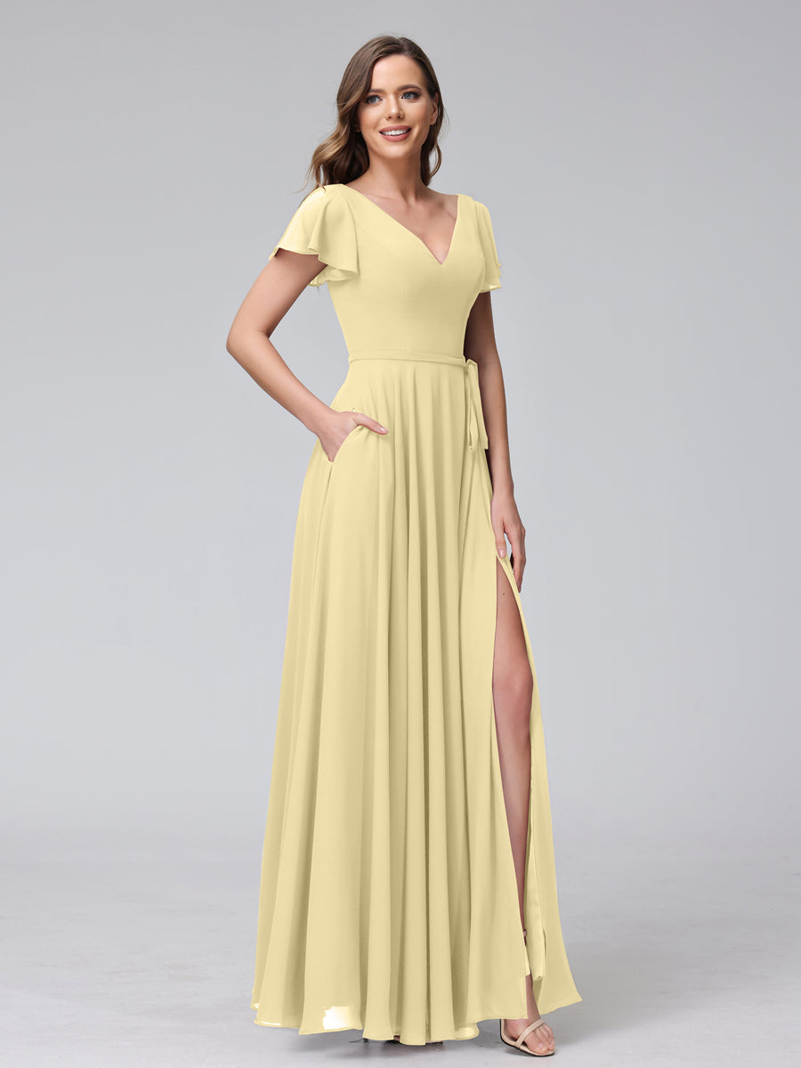 Vestidos Longos de Chiffon com Decote Em V e Mangas Curtas com Babados e Laterais Divididas e Bolsos