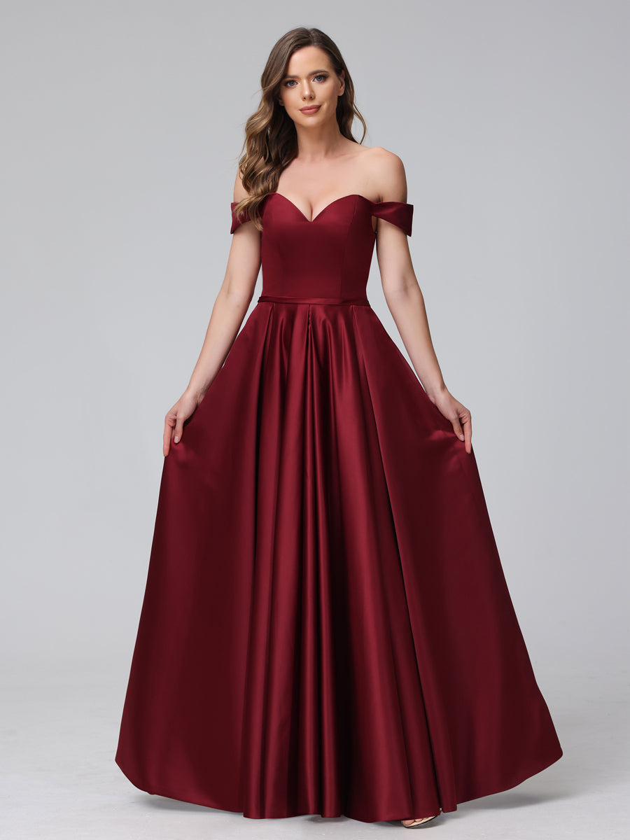 A-Line Off-The-Ombro Querida Cetim Maxi Vestidos com Bolsos