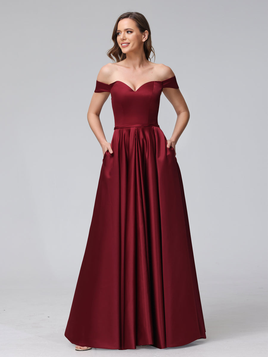 A-Line Off-The-Ombro Querida Cetim Maxi Vestidos com Bolsos