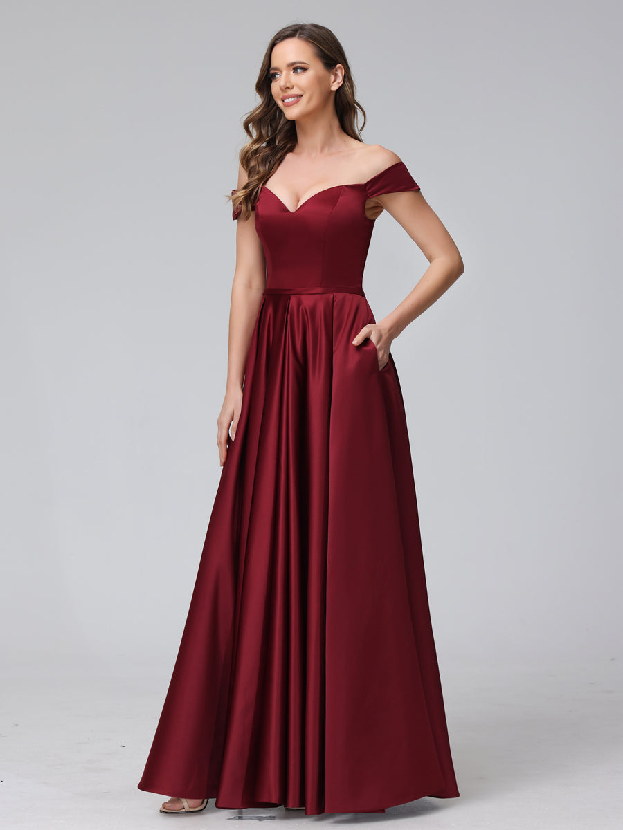 A-Line Off-The-Ombro Querida Cetim Maxi Vestidos com Bolsos