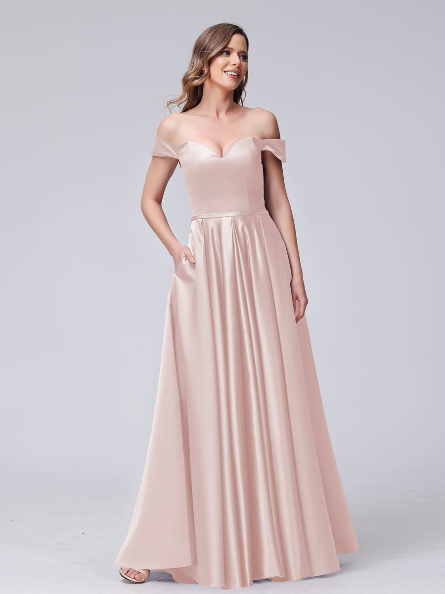 A-Line Off-The-Ombro Querida Cetim Maxi Vestidos com Bolsos