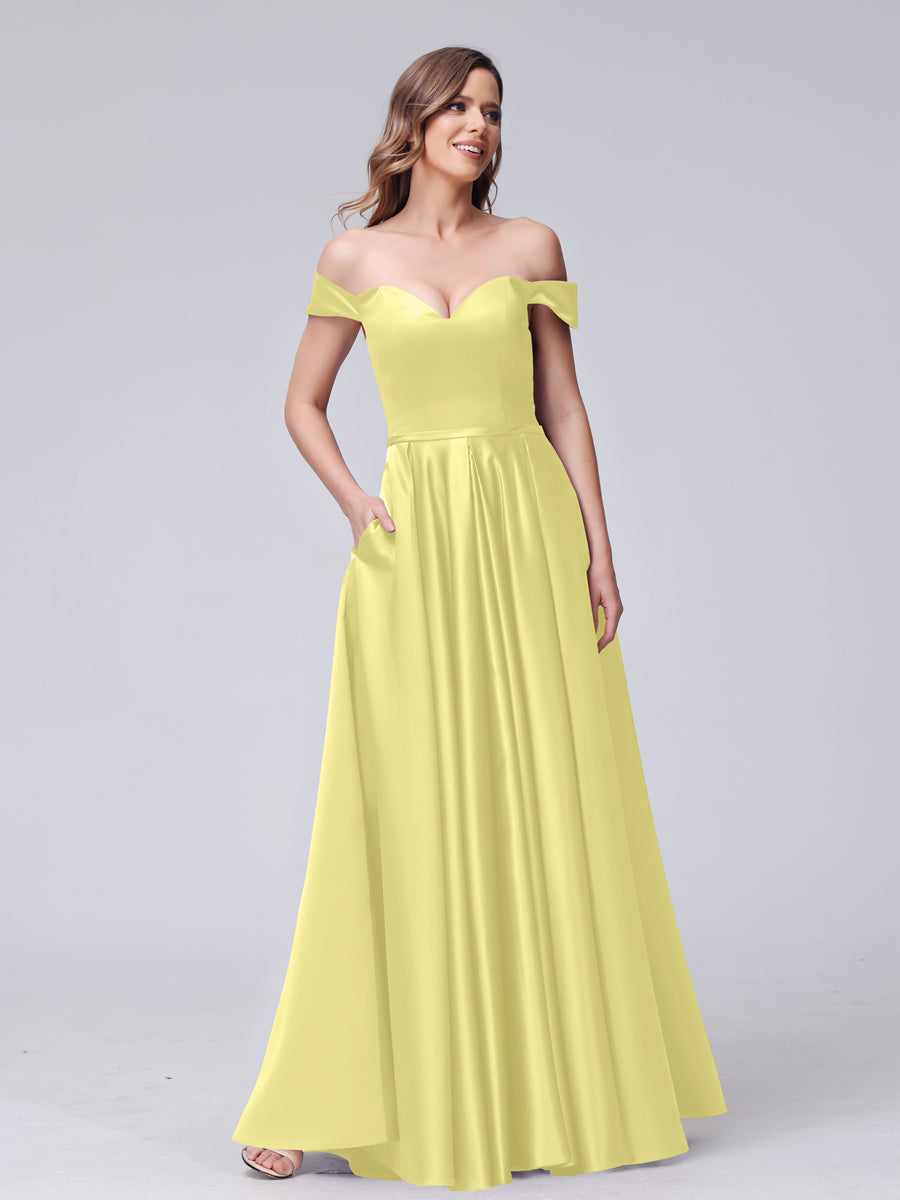 A-Line Off-The-Ombro Querida Cetim Maxi Vestidos com Bolsos