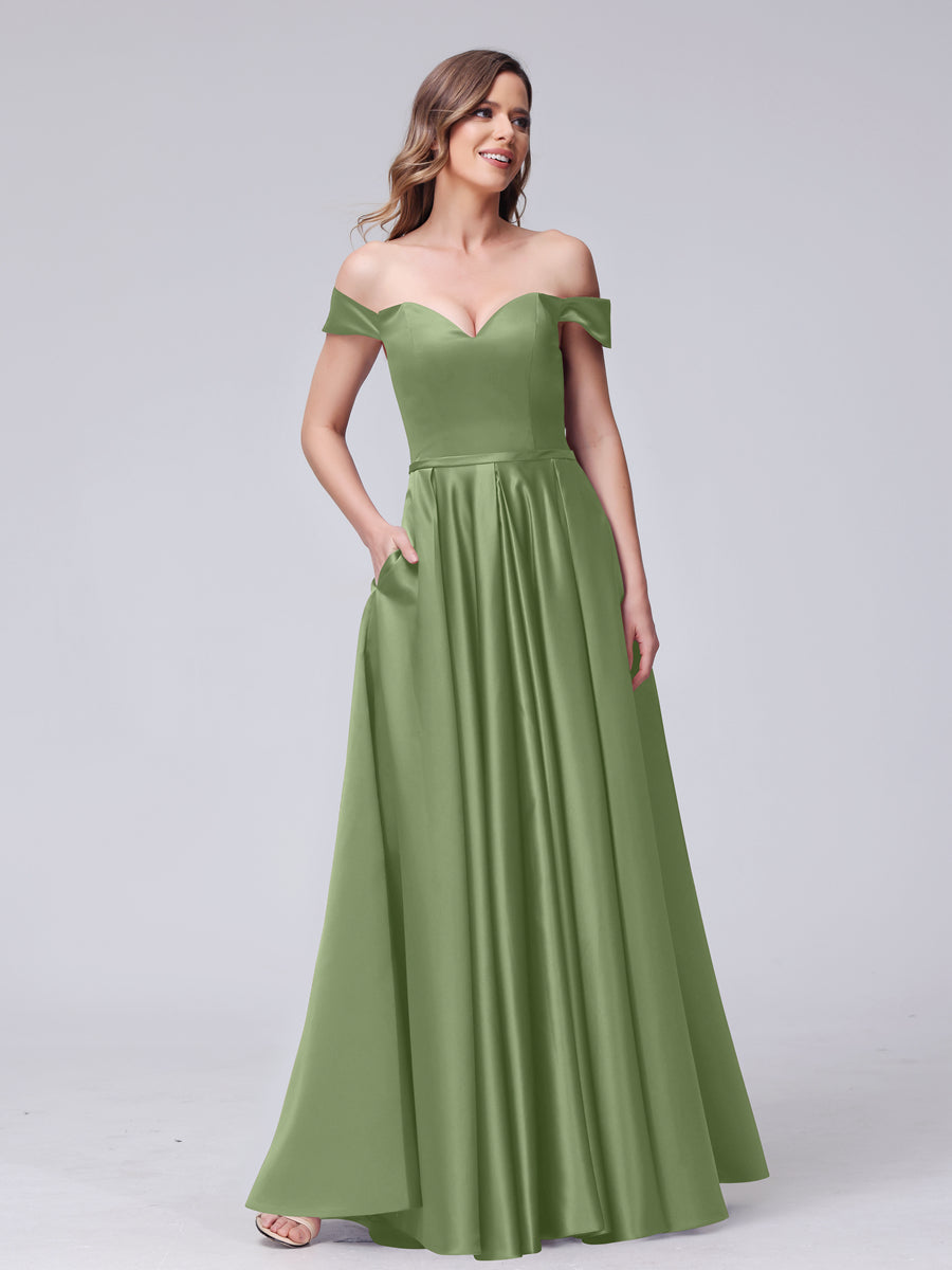 A-Line Off-The-Ombro Querida Cetim Maxi Vestidos com Bolsos