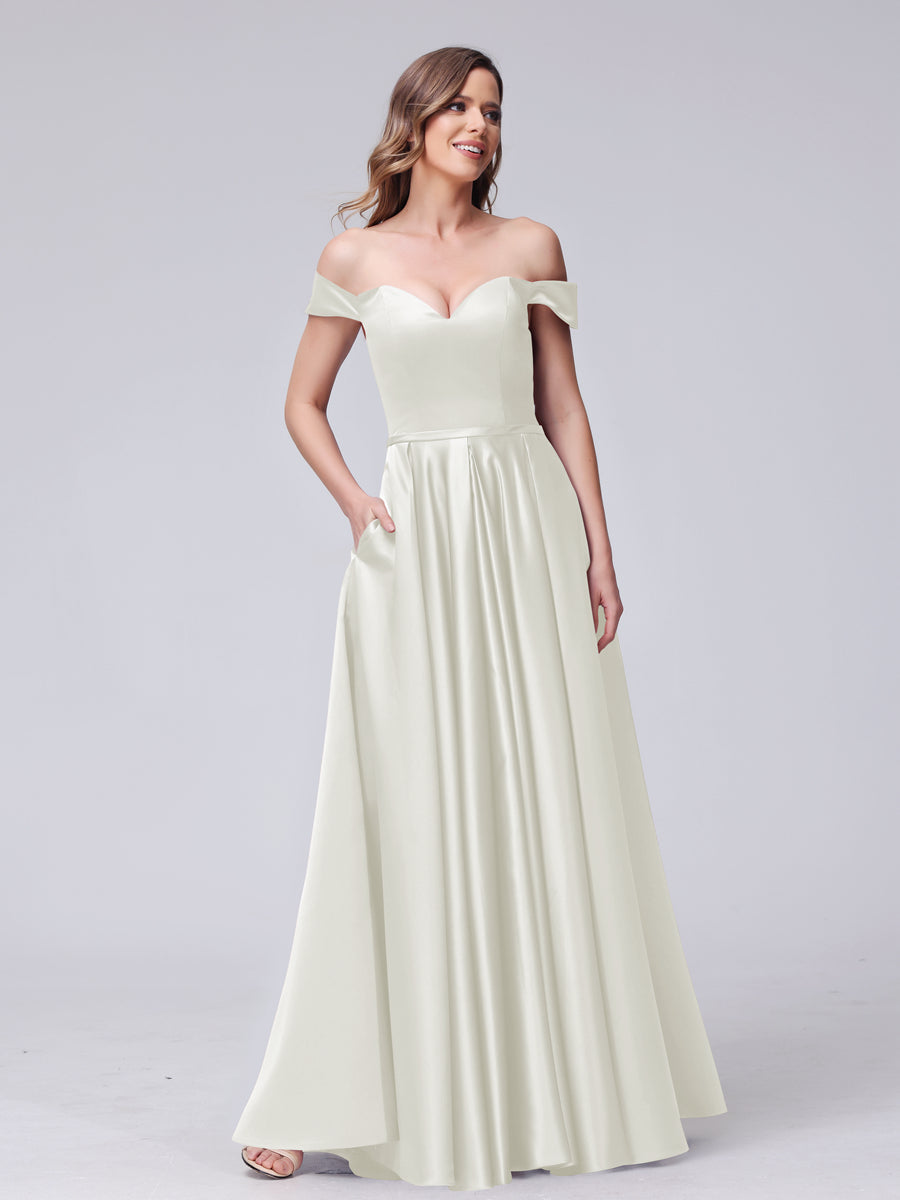 A-Line Off-The-Ombro Querida Cetim Maxi Vestidos com Bolsos