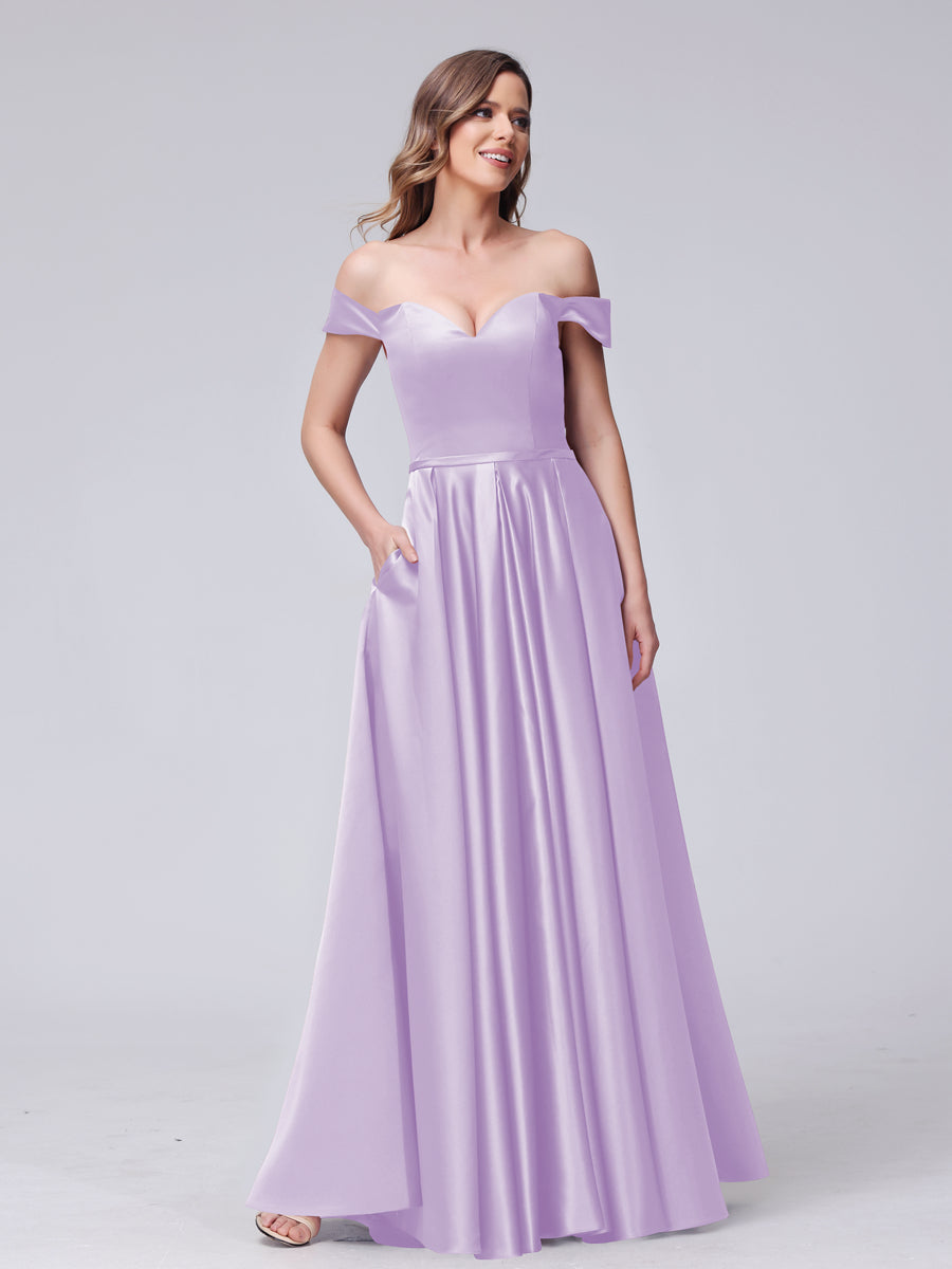 A-Line Off-The-Ombro Querida Cetim Maxi Vestidos com Bolsos