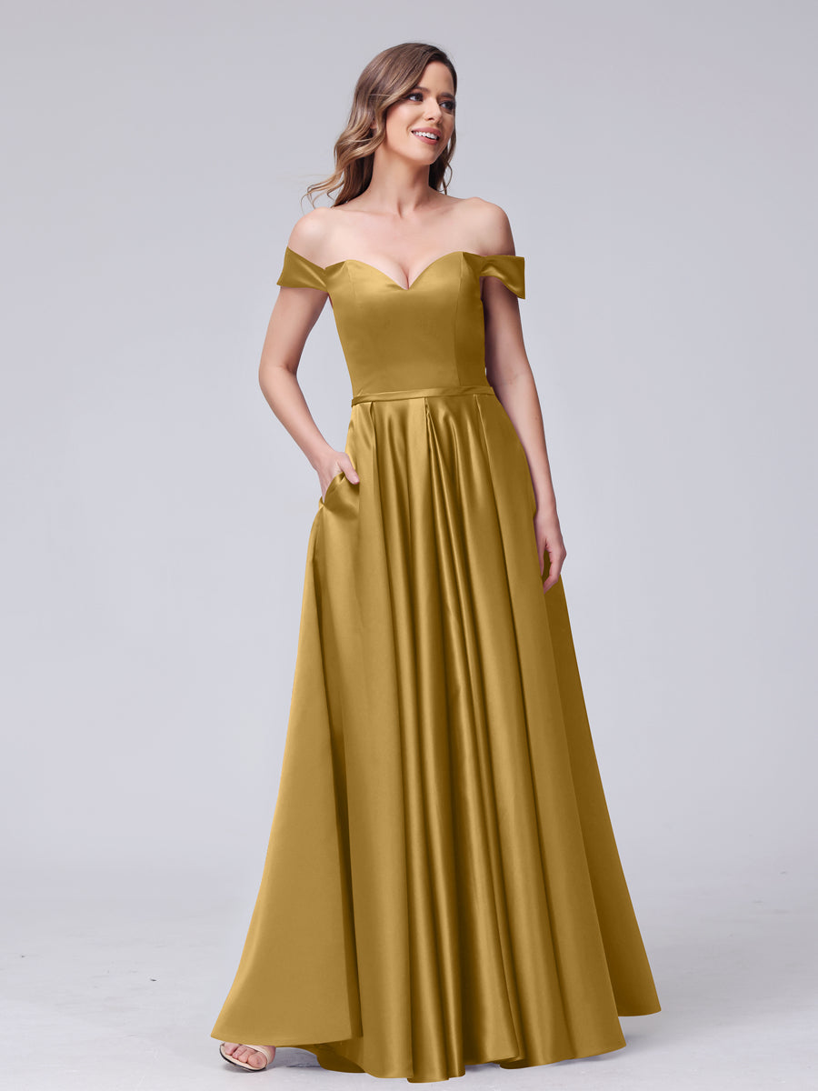 A-Line Off-The-Ombro Querida Cetim Maxi Vestidos com Bolsos