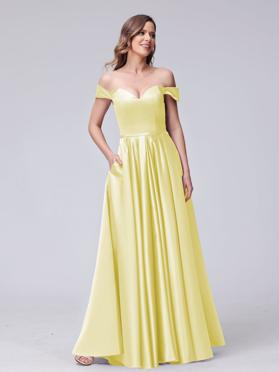 A-Line Off-The-Ombro Querida Cetim Maxi Vestidos com Bolsos