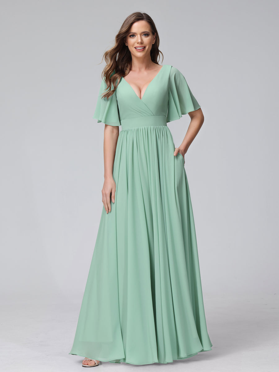 Vestidos de Dama de Honra Longos de Chiffon com Decote Em V Meia Manga e Babados Bolsos Laterais Divididos
