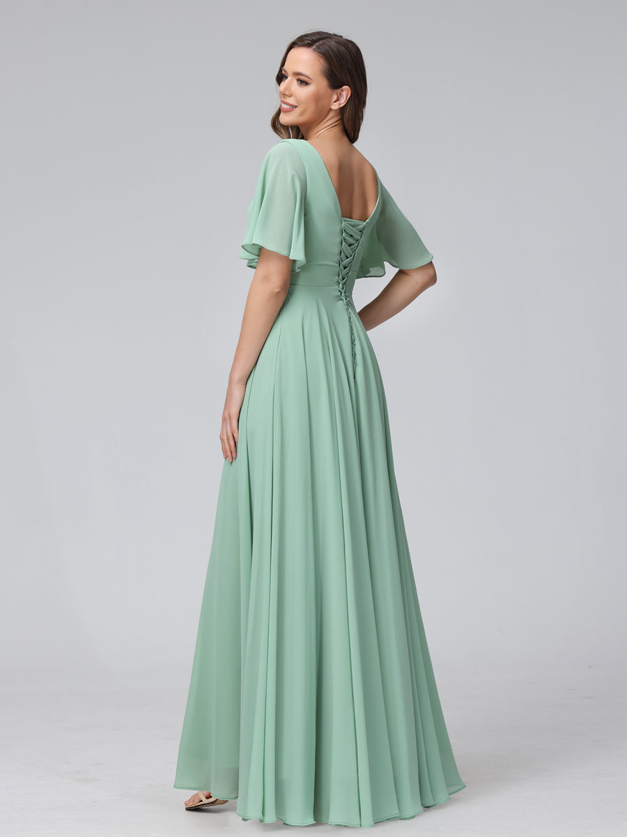 Vestidos de Dama de Honra Longos de Chiffon com Decote Em V Meia Manga e Babados Bolsos Laterais Divididos