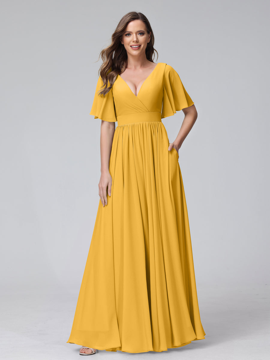 Vestidos de Dama de Honra Longos de Chiffon com Decote Em V Meia Manga e Babados Bolsos Laterais Divididos