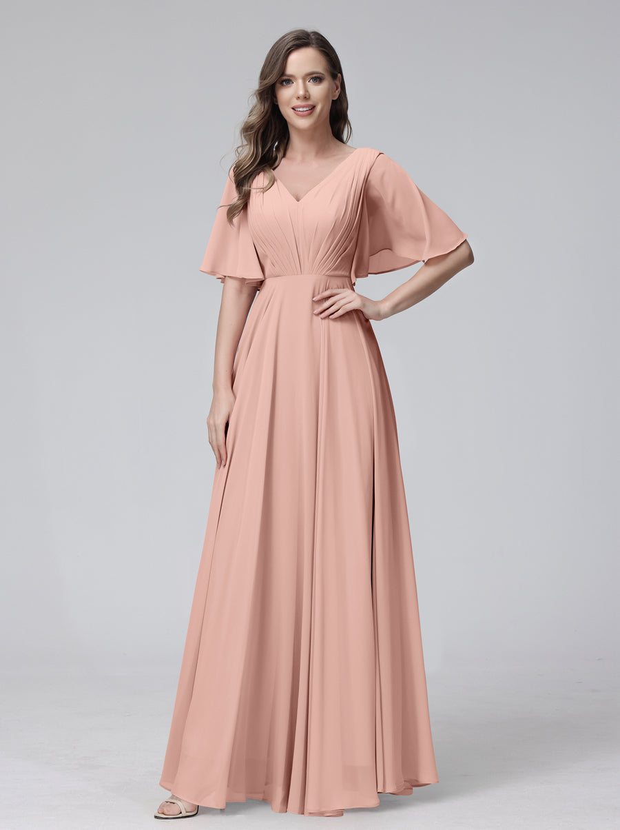 Vestidos de Dama de Honra Longos Em Chiffon com Decote Em V e Meia Manga e Bolsos com Babados