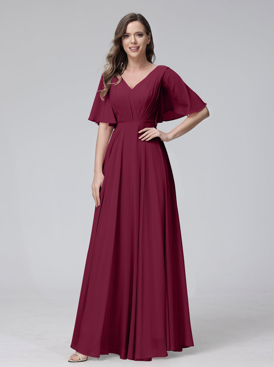 Vestidos de Dama de Honra Longos Em Chiffon com Decote Em V e Meia Manga e Bolsos com Babados