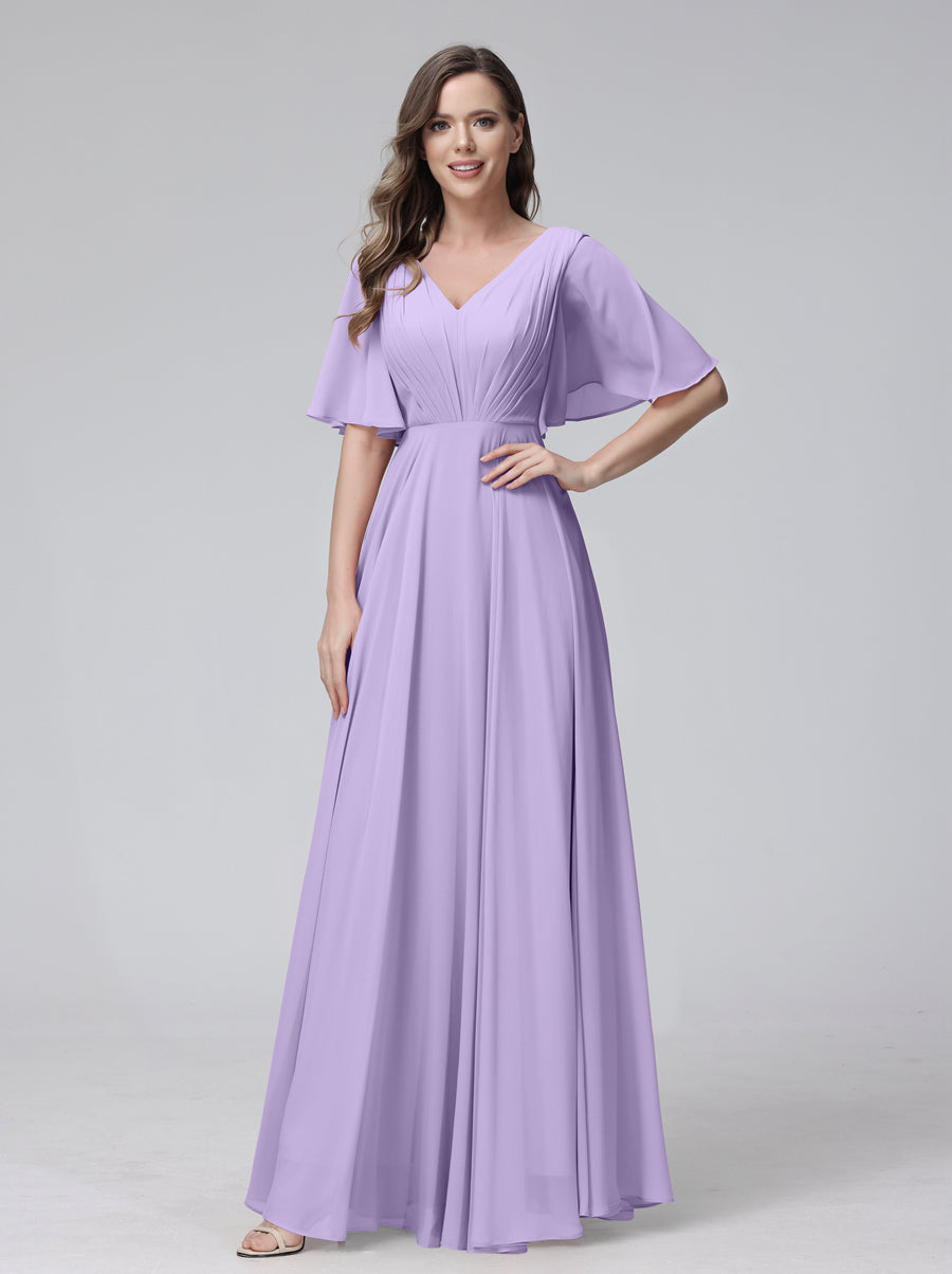Vestidos de Dama de Honra Longos Em Chiffon com Decote Em V e Meia Manga e Bolsos com Babados