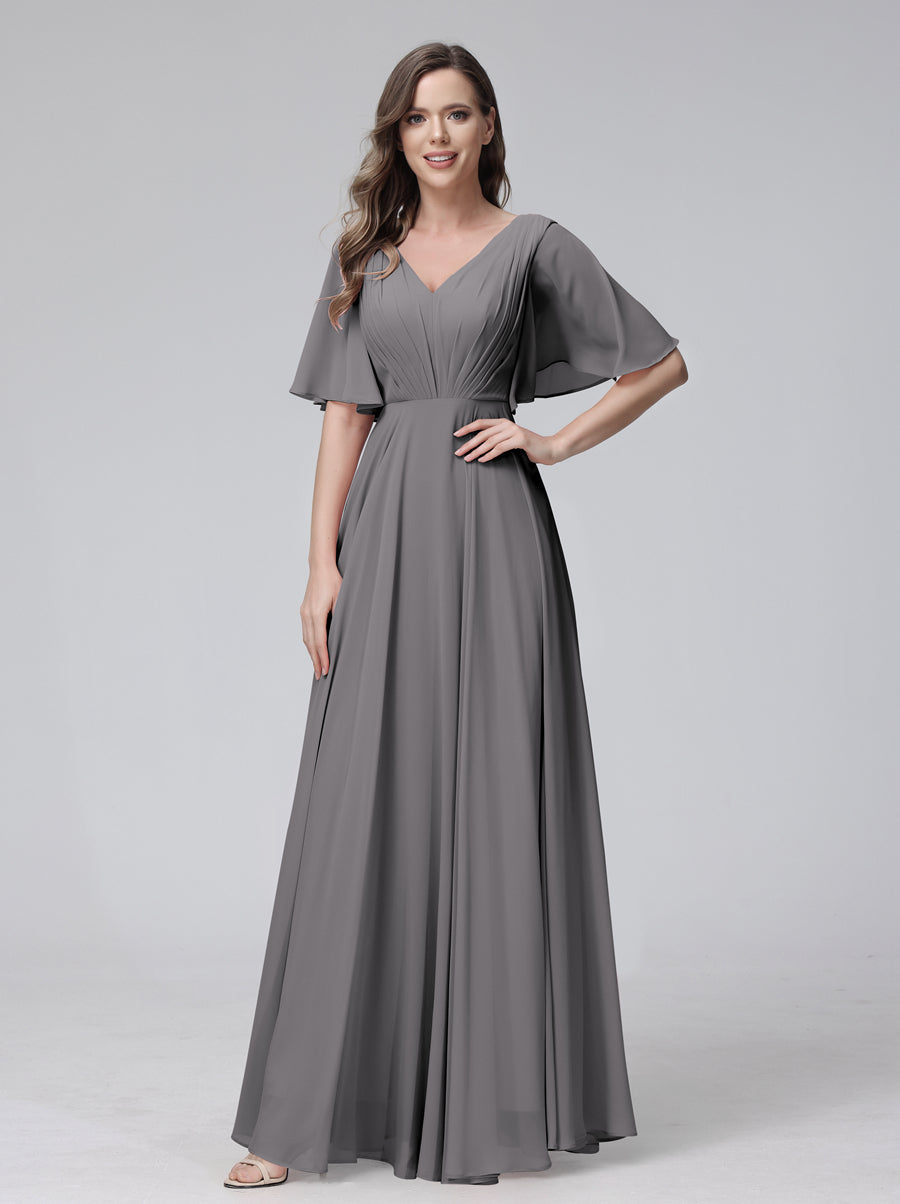 Vestidos de Dama de Honra Longos Em Chiffon com Decote Em V e Meia Manga e Bolsos com Babados
