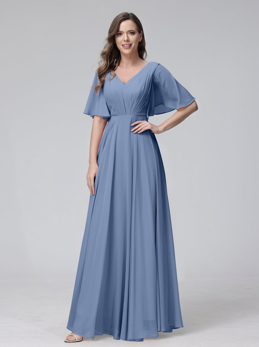 Vestidos de Dama de Honra Longos Em Chiffon com Decote Em V e Meia Manga e Bolsos com Babados