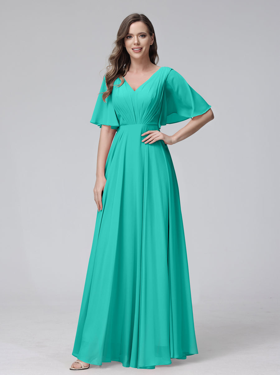Vestidos de Dama de Honra Longos Em Chiffon com Decote Em V e Meia Manga e Bolsos com Babados