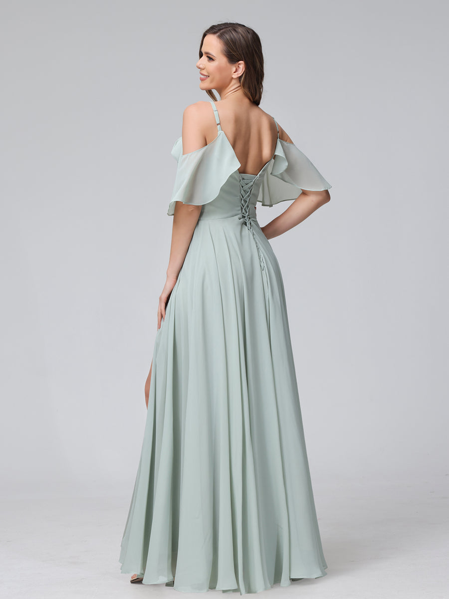 Vestidos Longos de Dama de Honra Em Chiffon com Decote Em V e Alças Finas