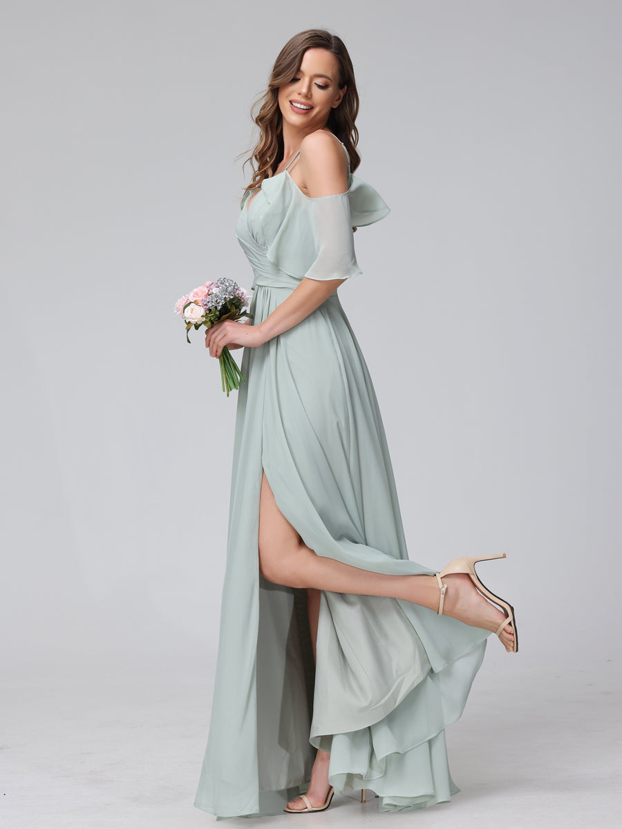 Vestidos Longos de Dama de Honra Em Chiffon com Decote Em V e Alças Finas