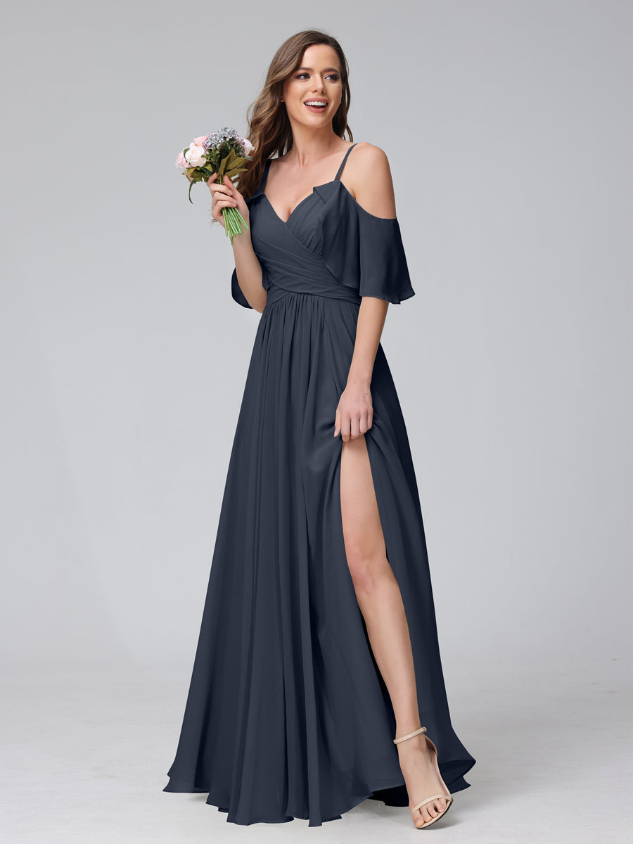 Vestidos Longos de Dama de Honra Em Chiffon com Decote Em V e Alças Finas