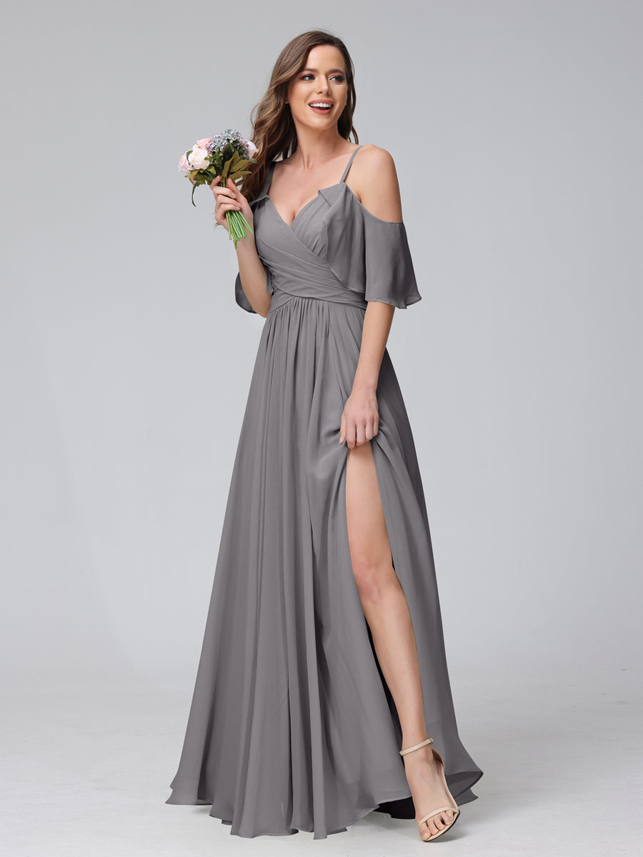 Vestidos Longos de Dama de Honra Em Chiffon com Decote Em V e Alças Finas