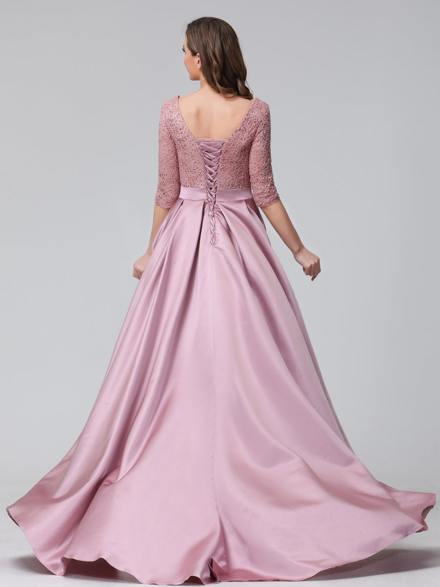 Vestidos de Dama de Honra Longos de Cetim com Decote Em V Meia Manga Apliques e Bolsos Laterais Divididos