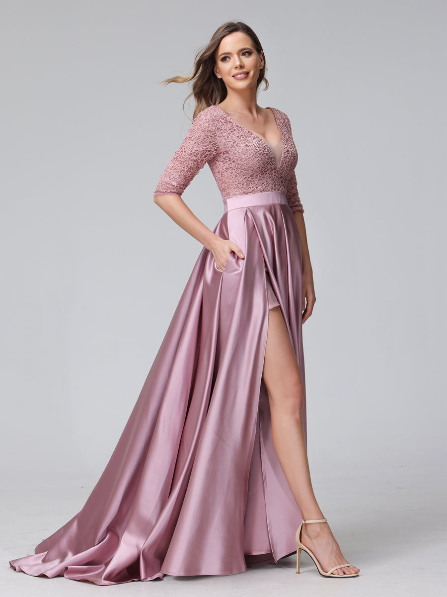 Vestidos de Dama de Honra Longos de Cetim com Decote Em V Meia Manga Apliques e Bolsos Laterais Divididos