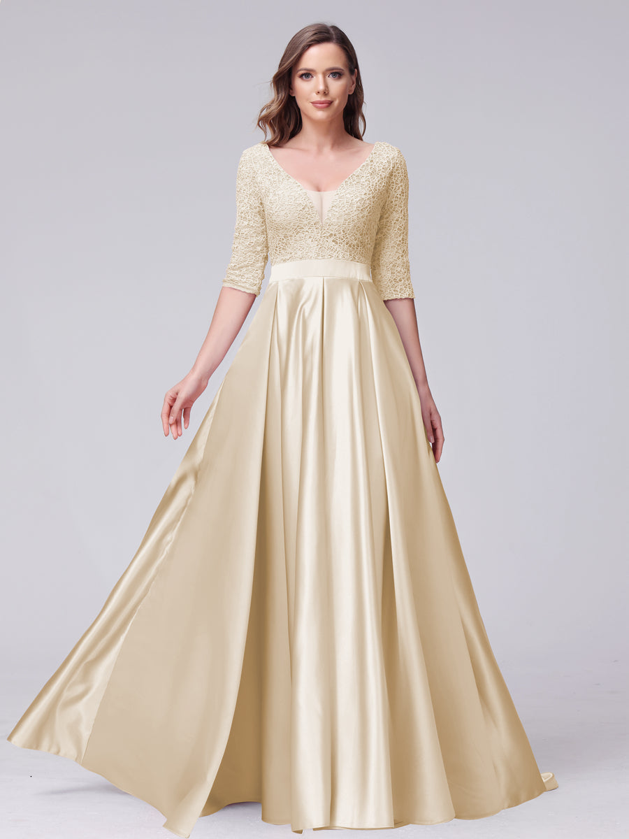 Vestidos de Dama de Honra Longos de Cetim com Decote Em V Meia Manga Apliques e Bolsos Laterais Divididos