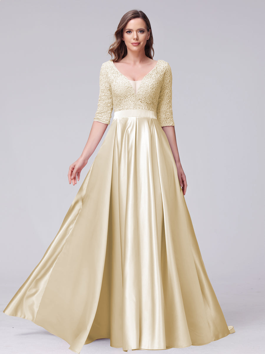 Vestidos de Dama de Honra Longos de Cetim com Decote Em V Meia Manga Apliques e Bolsos Laterais Divididos