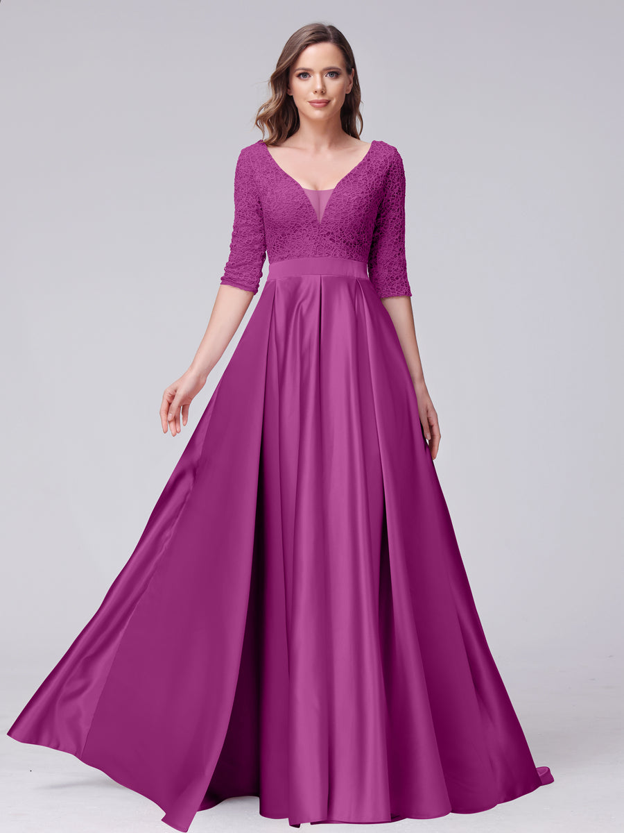 Vestidos de Dama de Honra Longos de Cetim com Decote Em V Meia Manga Apliques e Bolsos Laterais Divididos