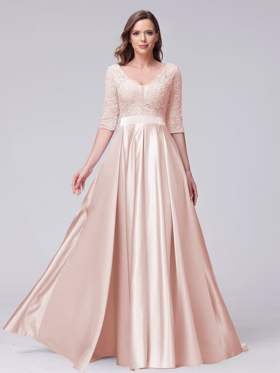 Vestidos de Dama de Honra Longos de Cetim com Decote Em V Meia Manga Apliques e Bolsos Laterais Divididos
