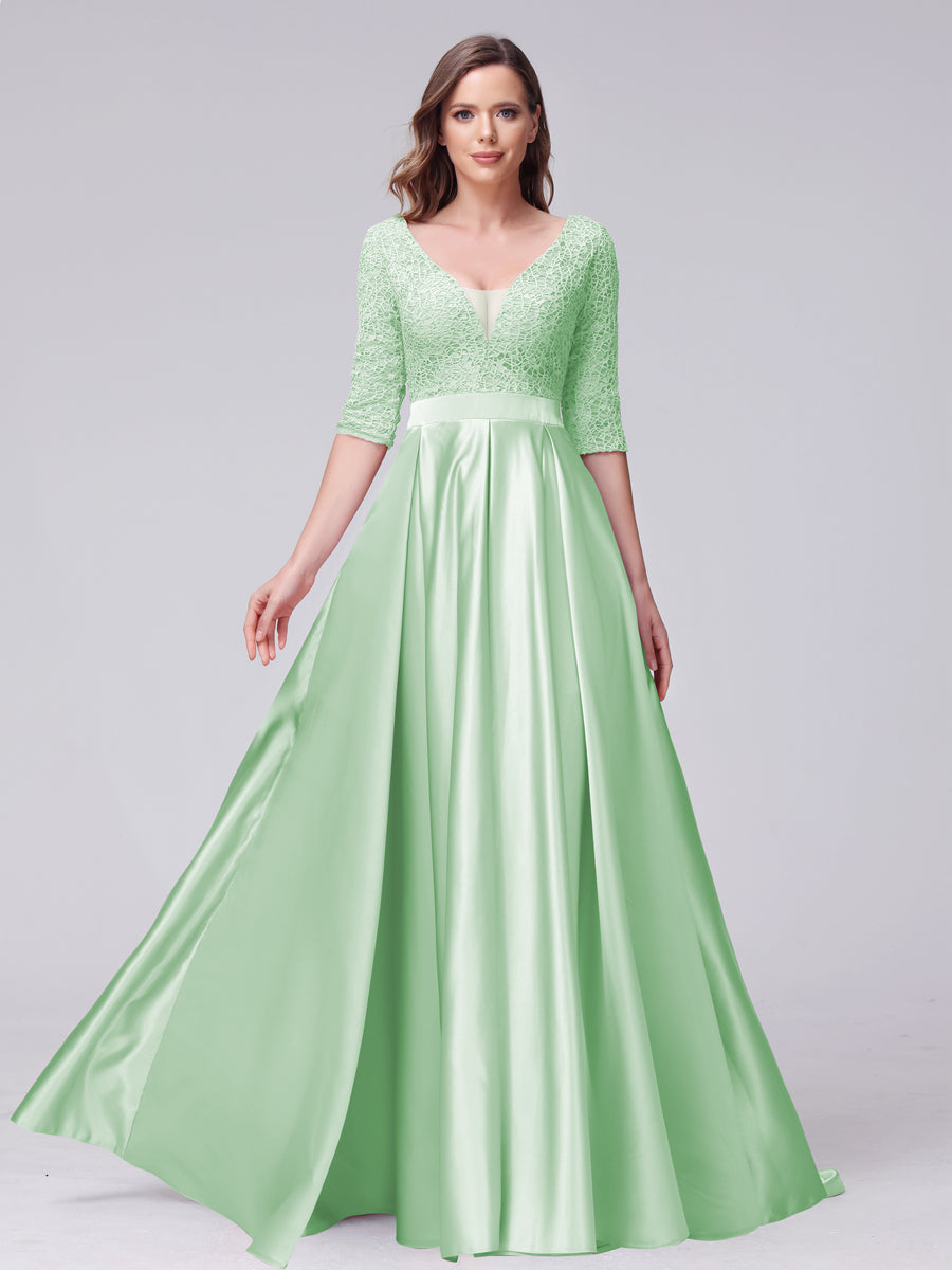 Vestidos de Dama de Honra Longos de Cetim com Decote Em V Meia Manga Apliques e Bolsos Laterais Divididos