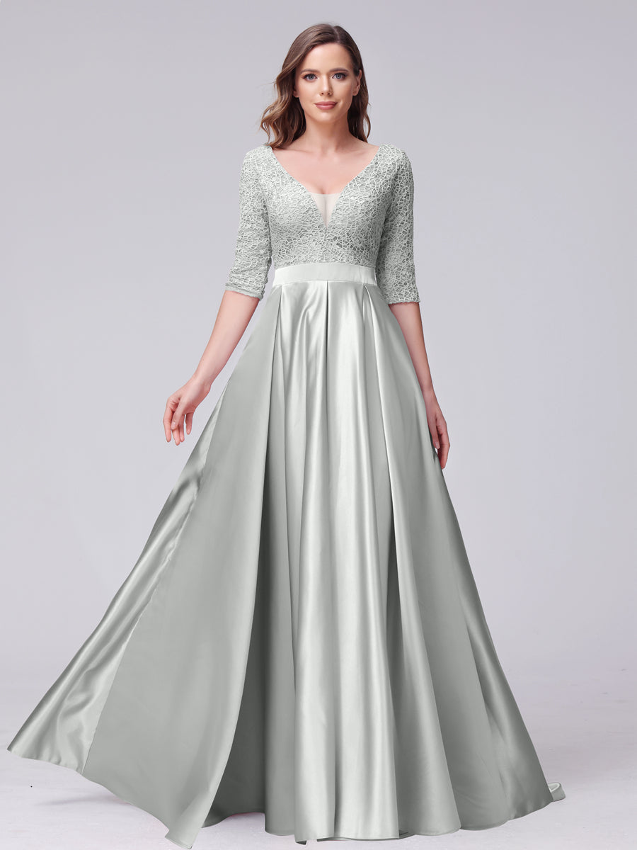 Vestidos de Dama de Honra Longos de Cetim com Decote Em V Meia Manga Apliques e Bolsos Laterais Divididos