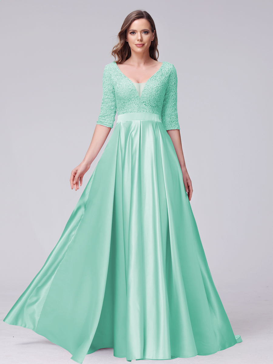 Vestidos de Dama de Honra Longos de Cetim com Decote Em V Meia Manga Apliques e Bolsos Laterais Divididos