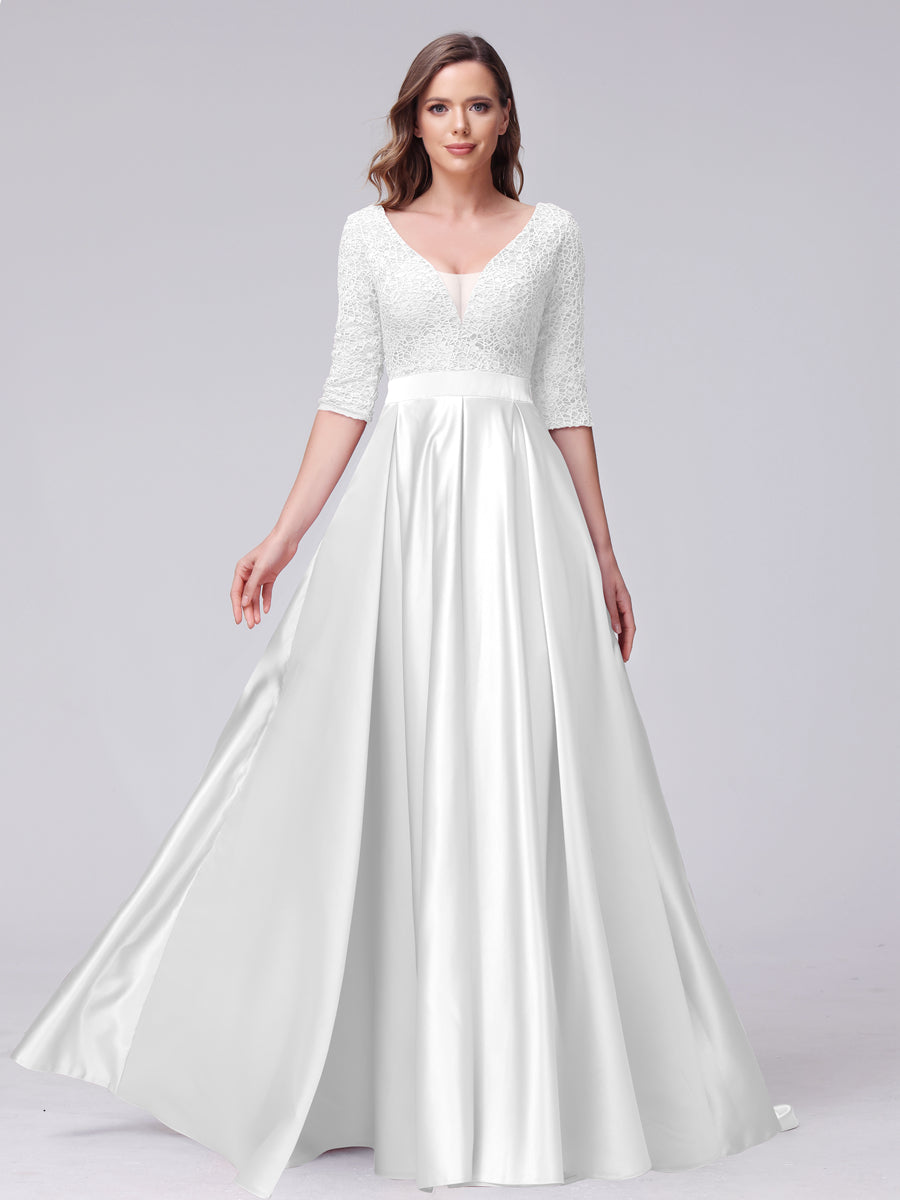 Vestidos de Dama de Honra Longos de Cetim com Decote Em V Meia Manga Apliques e Bolsos Laterais Divididos