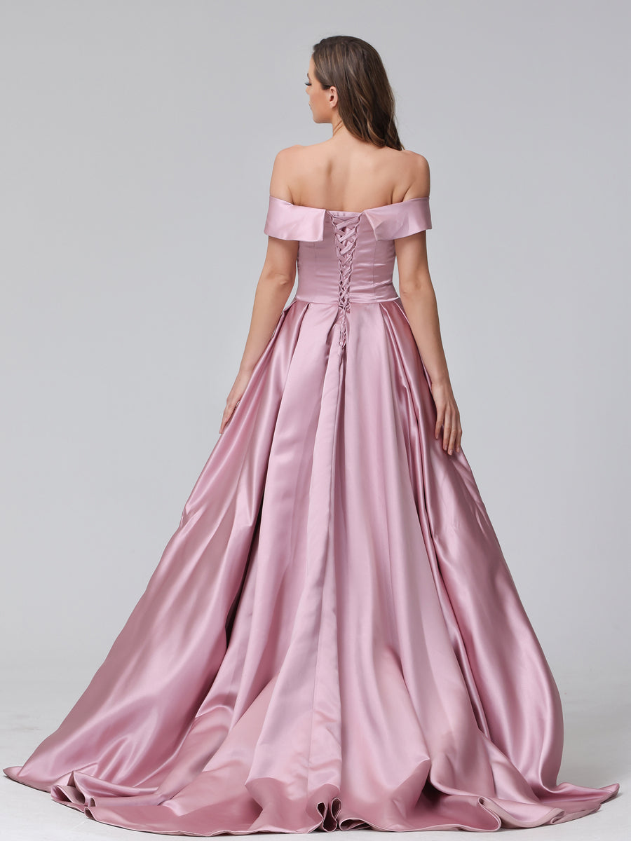 Vestidos de Noite Longos de Cetim com Ombros Largos e Corte A com Laterais Divididas e Bolsos