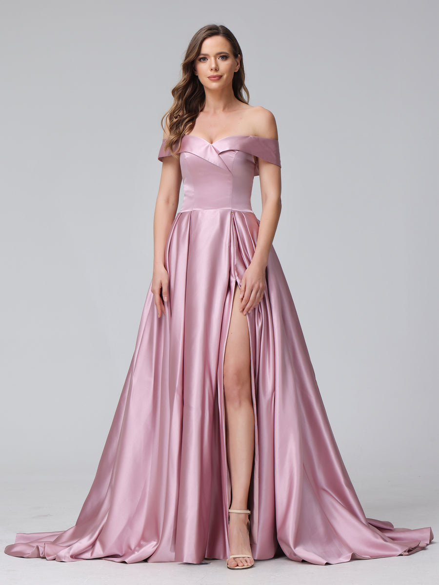 Vestidos de Noite Longos de Cetim com Ombros Largos e Corte A com Laterais Divididas e Bolsos