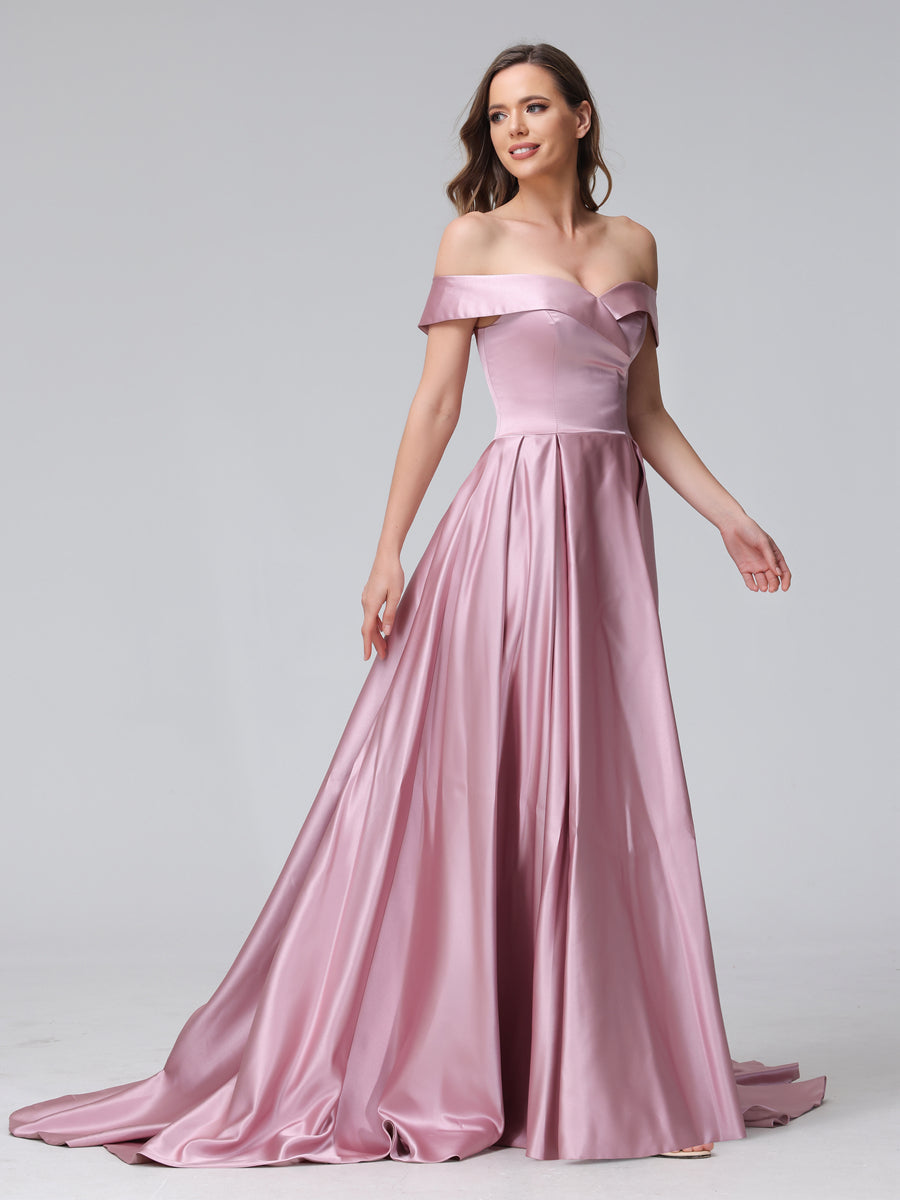 Vestidos de Noite Longos de Cetim com Ombros Largos e Corte A com Laterais Divididas e Bolsos