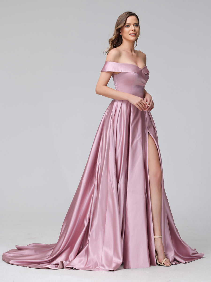 Vestidos de Noite Longos de Cetim com Ombros Largos e Corte A com Laterais Divididas e Bolsos