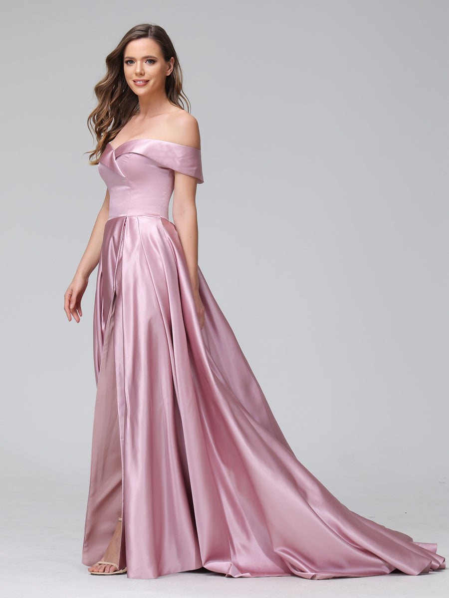 Vestidos de Noite Longos de Cetim com Ombros Largos e Corte A com Laterais Divididas e Bolsos