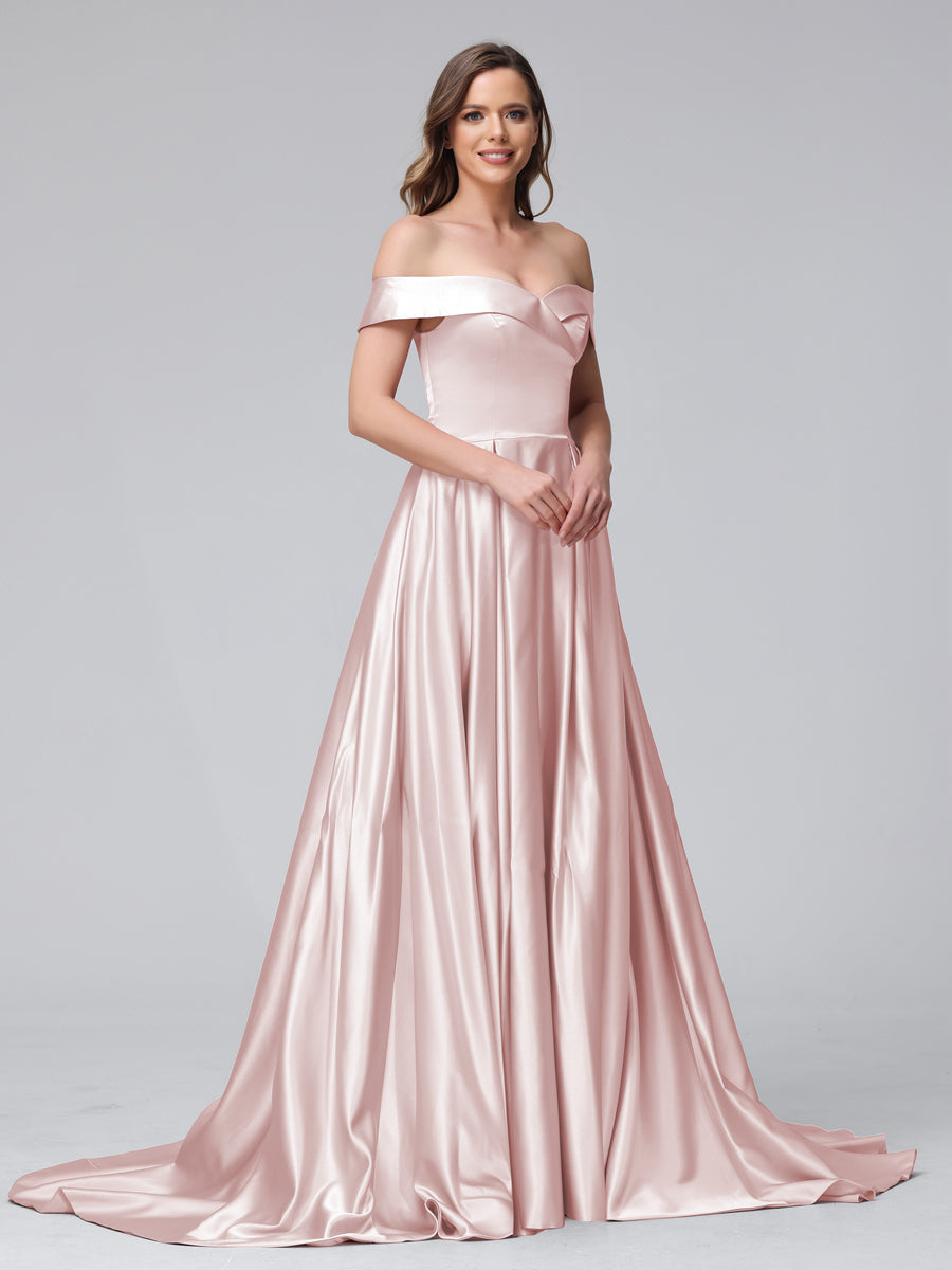 Vestidos de Noite Longos de Cetim com Ombros Largos e Corte A com Laterais Divididas e Bolsos