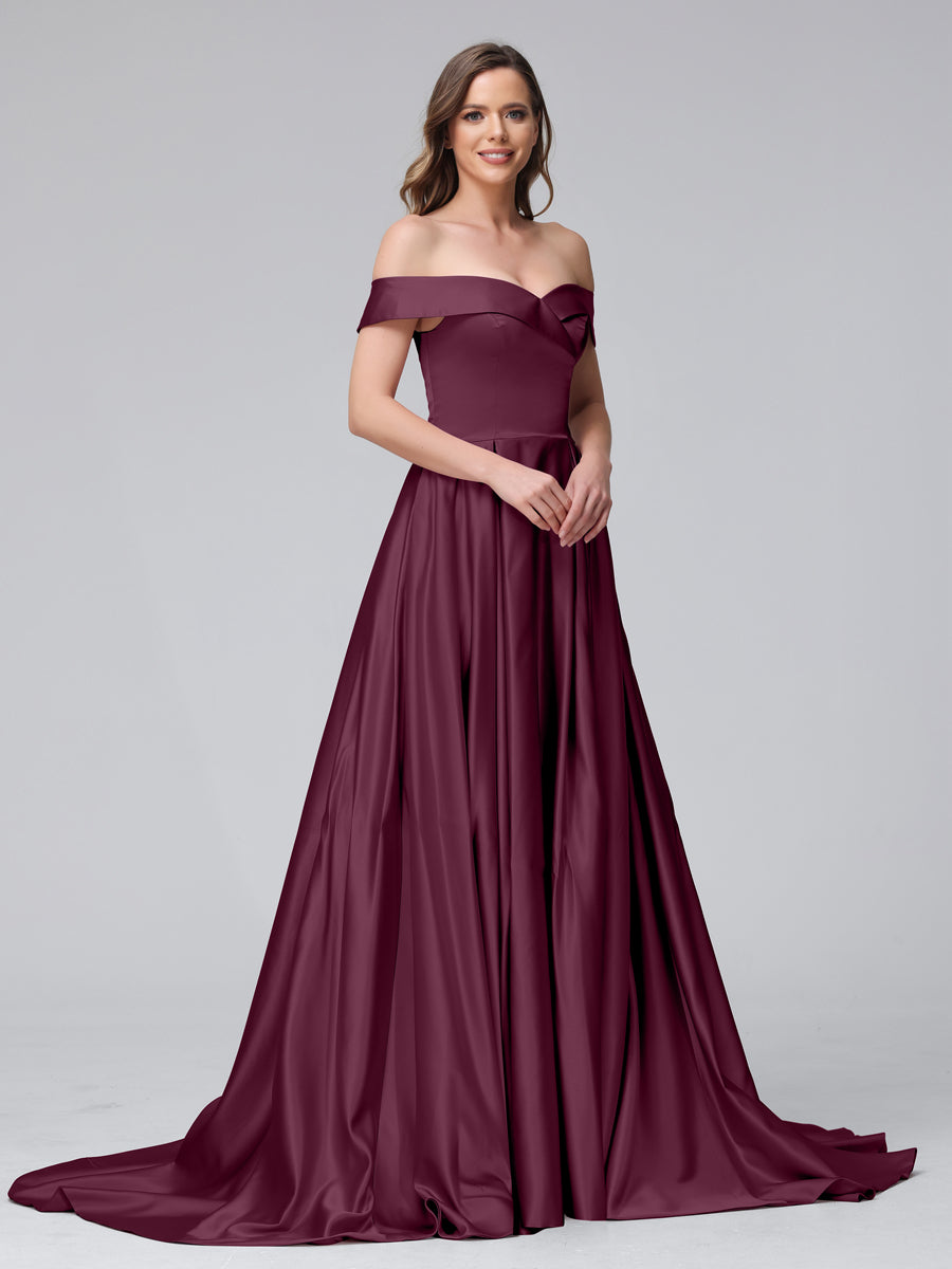 Vestidos de Noite Longos de Cetim com Ombros Largos e Corte A com Laterais Divididas e Bolsos